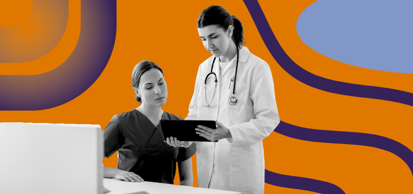 Two home health or hospice clinicians discuss a patient's medical information in a private room in accordance with HIPAA regulations.