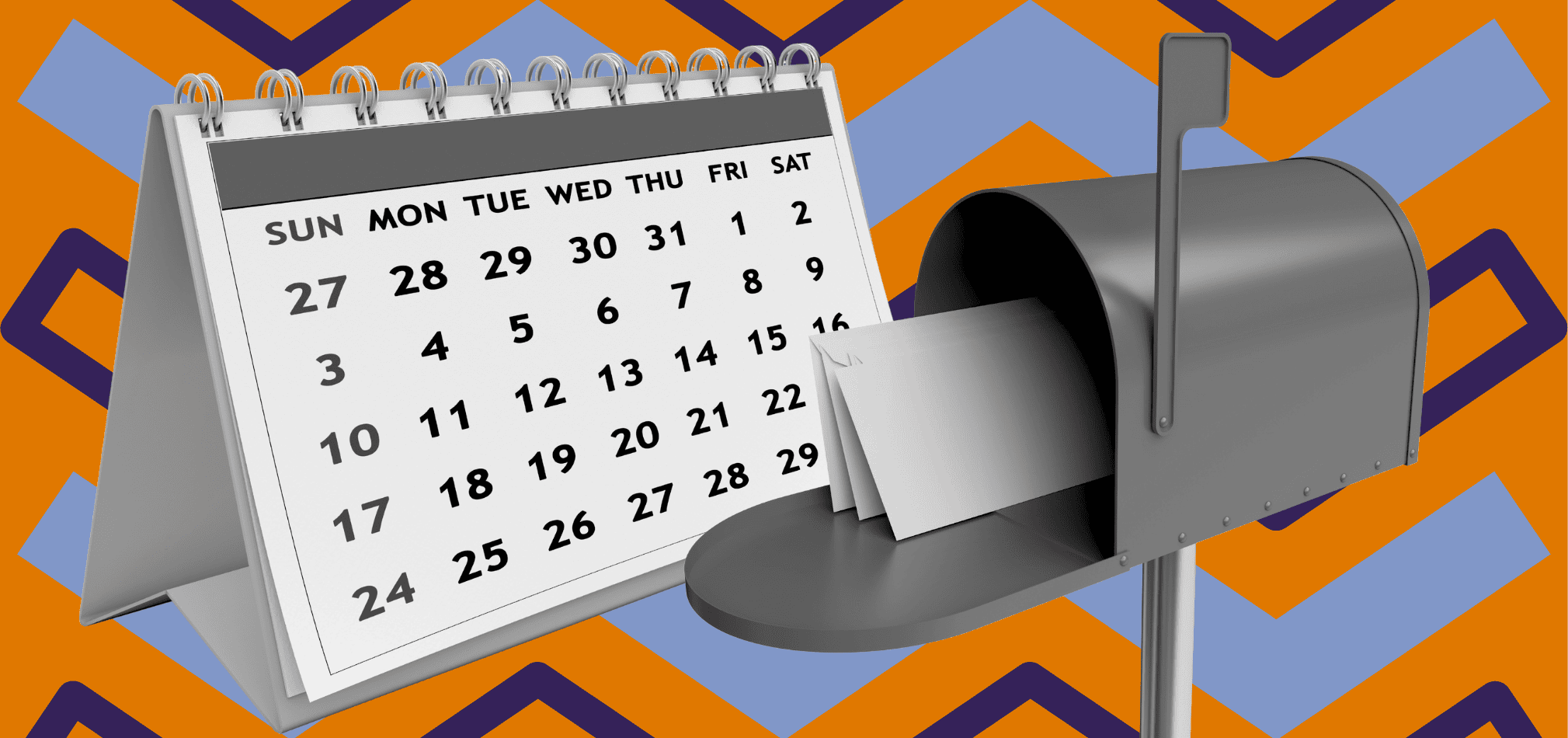 A calendar and a mailbox symbolize what to do if your home health or hospice California license renewal form is late.